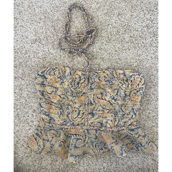 NEW Veronica Beard Arienne Blue/Yellow Silk Gathered Halterneck Top Size 0 - Picture 5 of 5